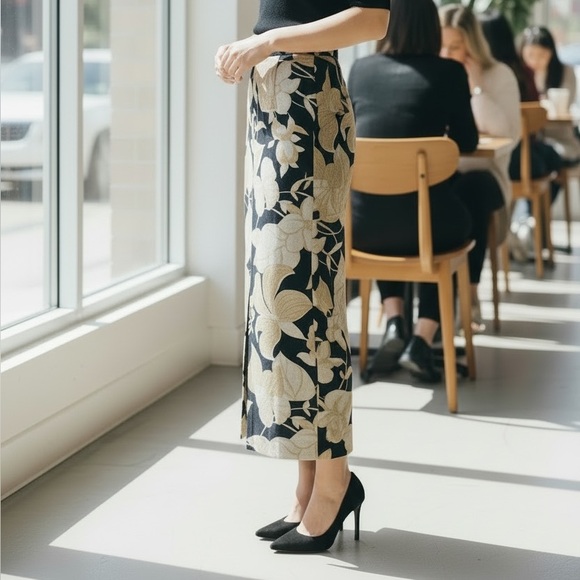 Reiss Dresses & Skirts - REISS (6) Floral Axelle Midi 100% Linen Skirt Front Slit Black Cream Slim Fit